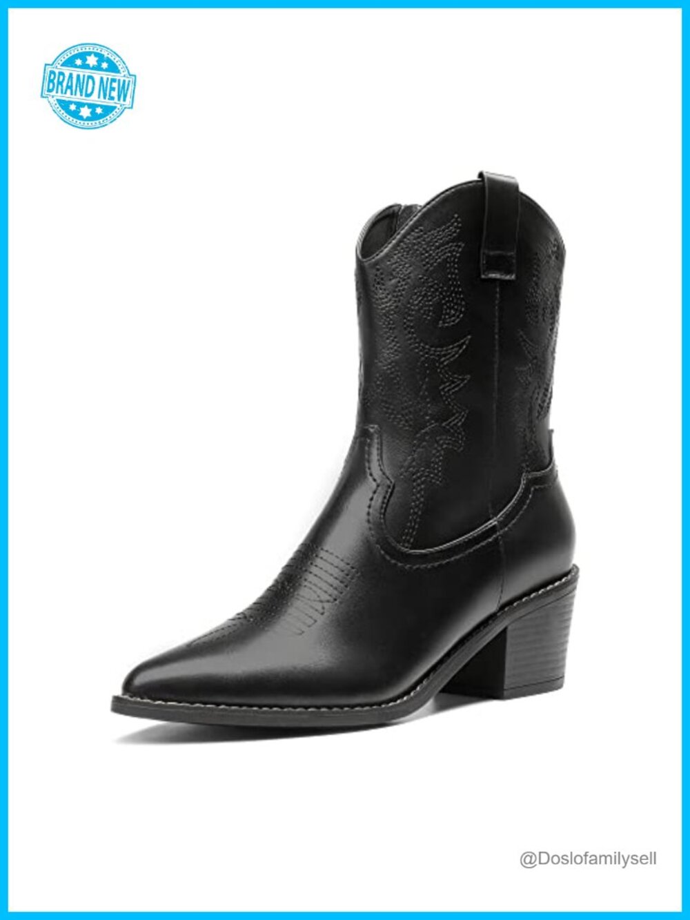 Women's Western Ankle Boots Pointed Toe Chunky Heel Pull-On